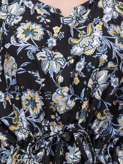 Black rayon Hive91 floral kaftan dress, adjustable waist with tie, length 34 inches, elegant décolleté neckline