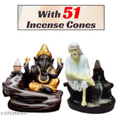 Handcrafted polyresin marble dust combo of Lord Ganesh and Sai Baba idols, white and black, accompanied by 51 free incense cones, made in India