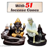 Handcrafted polyresin marble dust combo of Lord Ganesh and Sai Baba idols, white and black, accompanied by 51 free incense cones, made in India