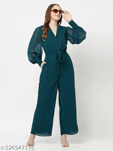 Green trending Georgette jumpsuit with long sleeves and printed net pattern, popular casual fashion for women from India