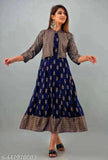 Blue printed rayon kurti, sleeveless Anarkali-style winter wear for women, traditional Indian attire