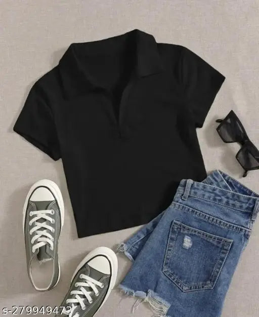 Solid cotton blend collar T-shirt, ribbed and stretchable for women's fashion, available in XS-28 sizes