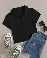 Solid cotton blend collar T-shirt, ribbed and stretchable for women's fashion, available in XS-28 sizes