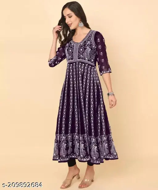 Georgette chikankari kurti, three-quarter sleeves. Indian ethnic wear in sizes S, M, L, XL, XXL