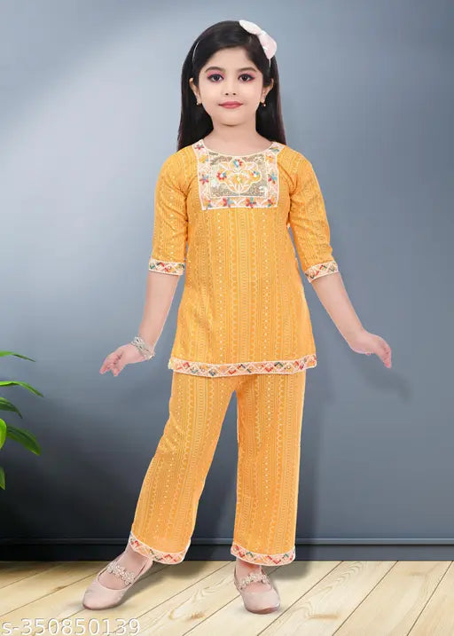 Striped Rayon 3/4 sleeve kurti and palazzo set for kids, Indian party and casual wear