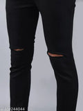 Black stretchable mid-rise denim jeans for men, solid black with knee cut detailing