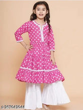 Rayon anarkali kurta & sharara set with lace work, pink printed design for girls aged 4-5 years