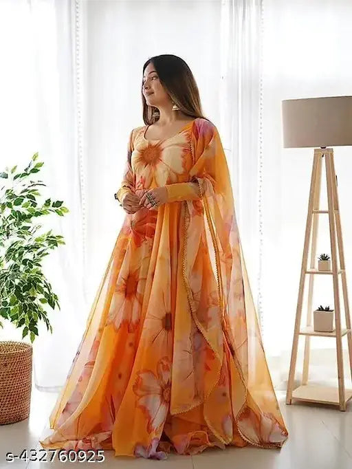 Organza floral print gown for women, heavy quality digital-printed organza with three-quarter sleeves, Indian origin