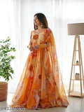 Organza floral print gown for women, heavy quality digital-printed organza with three-quarter sleeves, Indian origin