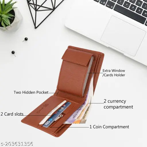 Tan faux leather minimalist men's wallet (9 card slots), well-crafted for daily casual use with durable lining and secret compartments, made in India