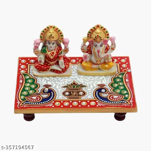 Multi-colored marble Ganesh Laxmi Idol showpiece with Chowki, perfect Diwali gift for home decoration