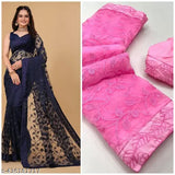 Indian free-size net saree with all-over embroidery and embellished border, soft silk blouse