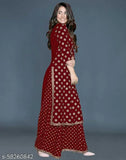 Maroon rayon Heena Khan Kurta & Palazzo set, elegant Indian attire for women