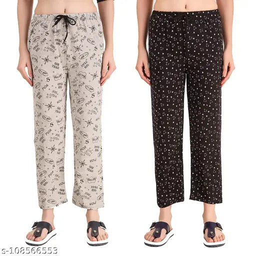 Multicolored cotton print maxi pajama bottoms for women - pack of 2, trendy and comfortable lounge wear for various seasons