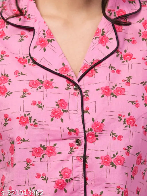 Printed cotton nightsuit for women, short-sleeved pyjama with a stylish net pattern, size S-XXXL (Origin: India)