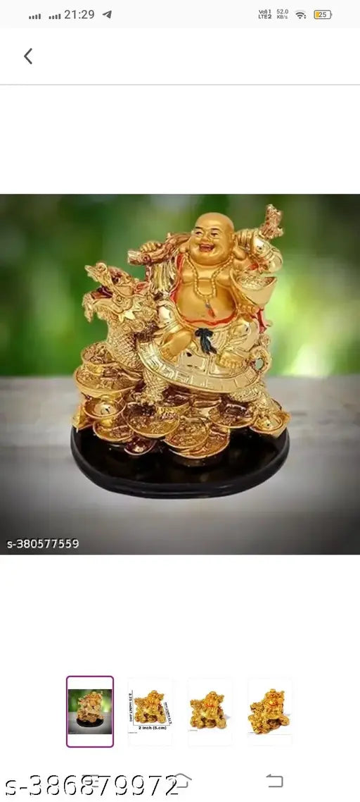 Gold polyresin Laughing Buddha on Dragon, 10x13x8 cm showpiece for home decor