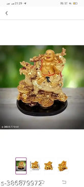 Golden polyresin Laughing Buddha on Dragon decor, 10x13x8 cm showpiece