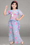 Aqua Blue Chiffon Palazzo Set with Embroidered A-line Top & Short Sleeves, Indian fashion for kids aged 0-11 years