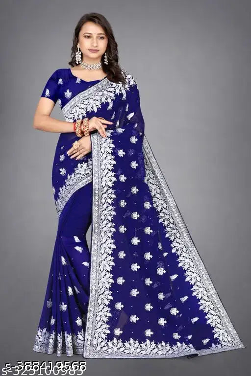 Heavy silver embroidered Georgette saree with full diamondstone handwork, beautiful Indian bridal wear