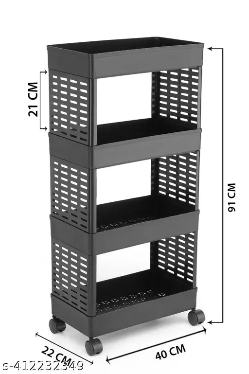 Black plastic 4-tier kitchen rack for storage, ideal for onions, potatoes, aloo, pyaaz, fruits, vegetables, and sabji. Made in India
