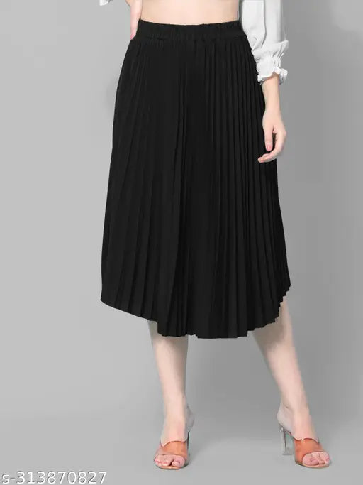 Black crepe pleated midi skirt, travel-friendly and flattering for all body types