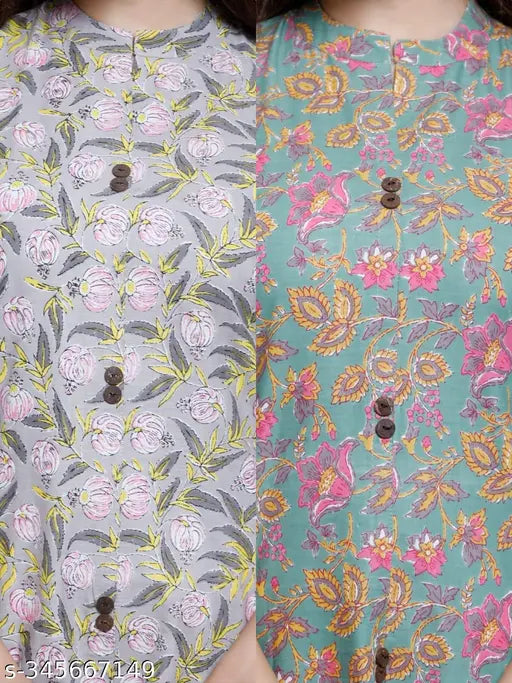 Trendy 100 cotton printed combo kurti for women and girls, three-quarter sleeves, India-origin Sanganeri print design