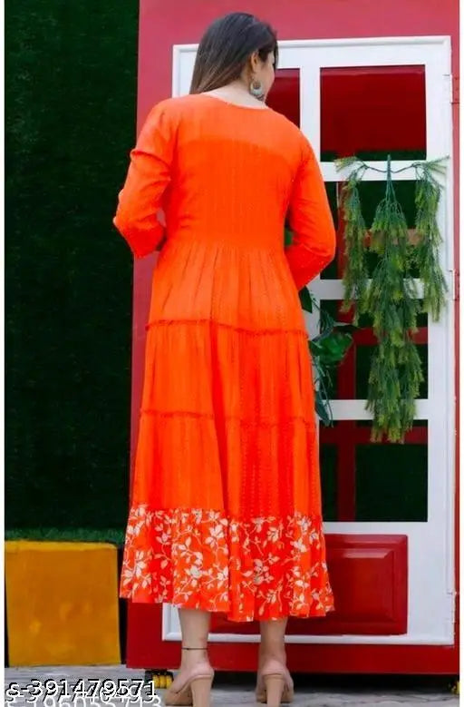 Rayon three-quarter sleeve Anarkali kurti with embroidery, printed combo in traditional Indian style. Women's size M (38in bust), L (40in bust), XL (42in bust), XXXL, 4XL