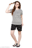 Grey & black galaxy print cotton women's shorts set with short sleeved t-shirt, featuring galaxy design on Indian-made garments
