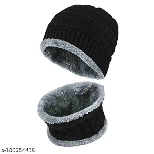 Black textured unisex knit beanie & muffler set, snow-proof with fur lining