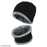Black textured unisex knit beanie & muffler set, snow-proof with fur lining