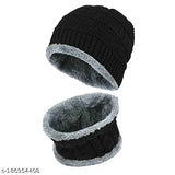 Black textured unisex knit beanie & muffler set, snow-proof with fur lining