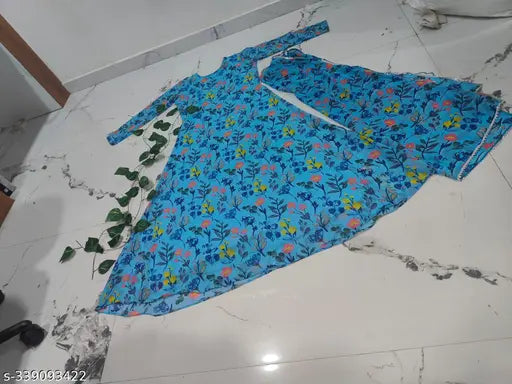 Georgette, long-sleeved, printed net Urbane Glamorous Women's dress in elegant sky blue, includes gown and dupatta, flower print design, made in India