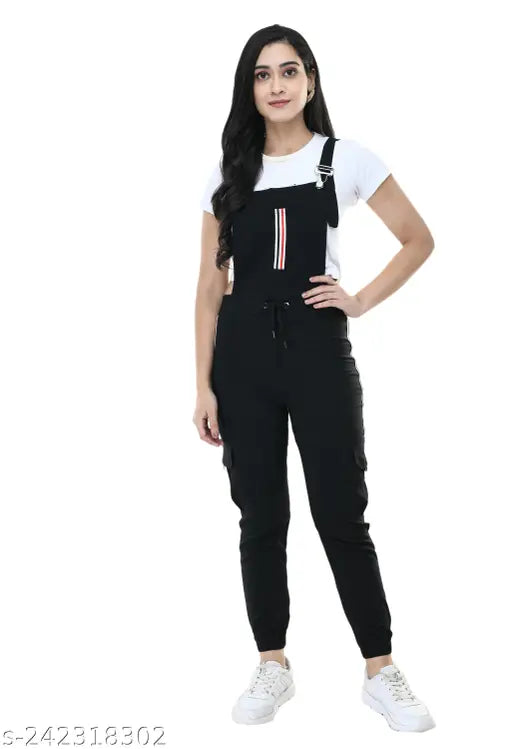 Black cotton blend sleeveless dungaree for women, solid pattern on casual full length dress with stretchability
