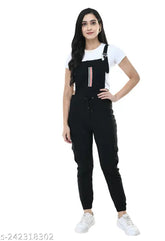 Black cotton blend sleeveless dungaree for women, casual and regular fit on model
