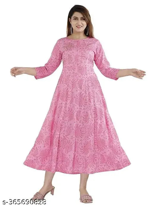 Palak Women's Pink Rayon Printed Anarkali Kurta with three-quarter sleeves, festive party wear, fashionable long kurta with hand-work beads & stones, India-made rayon fabric for all seasons