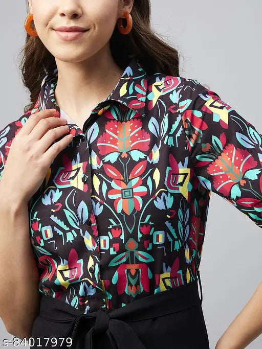 Black denim collar shirt jumpsuit with printed net pattern, women's size M, N, L, XL, XXL (India origin)