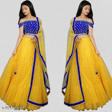 Yellow satin lehenga choli with net dupatta, featuring embroidered patterns. Unstitched Indian bridal wear (Lehenga waist size: 42 inches, Lehenga length: 44 inches, Dupatta length: 2 meters)