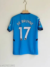 Manchester City Home Jersey 2024/25, polycotton short-sleeved football jersey featuring Debruyne print on net pattern, size S (36in chest, 26in length)