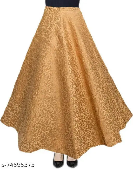 Gold jacquard Zari woven net skirt, new semi-stitched free size flared piece with full inner. Length and waist: 38+ inches each. Made in India