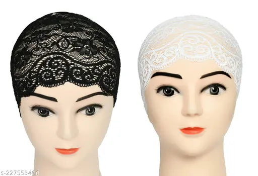 Black & White Lycra Self-Design Hijab Under Scarf (2 pcs) - Versatile headscarf protects hair under hijab or worn alone, originating from India