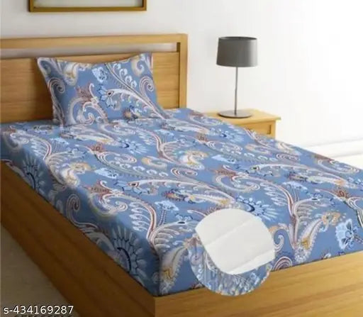 Cotton botanical-print GEETA Prime Collection single fitted elastic bedsheet & pillow cover, ideal for summer