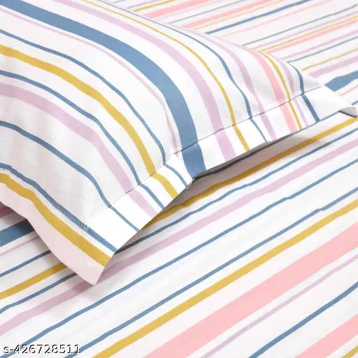 Blue & yellow striped 100% cotton king floral bedsheet with complimentary pillow covers - luxury for all seasons