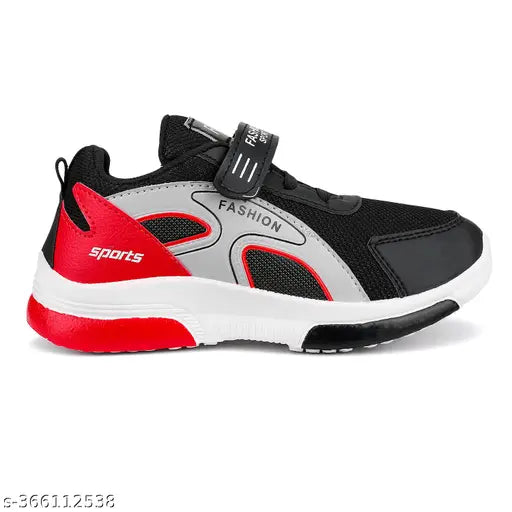 Black PVC solid running shoes for men, ideal for boys aged 4-12, lace-up design with Eva sole and comfort insole on display