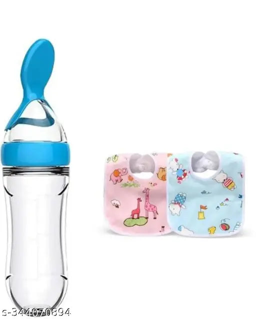 Blue silicone baby feeding spoon set with 2 waterproof bibs, leak-proof and BIS/ISI certified