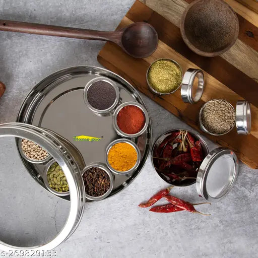 Stainless steel HomePro see-through Neelam Masala Dabba with 9 air-tight containers, 22.5 cm diameter, pack of 1 (Indian spice organizer)