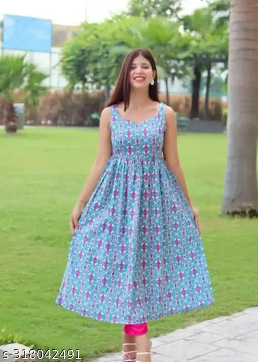 Blue rayon sleeveless kurti with western print, elevates casual or special outfits. #KurtiFashion #IndianWear