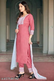 CLAVINET cotton blend printed kurta set with dupatta and bottomwear, three-quarter sleeves, Indian origin