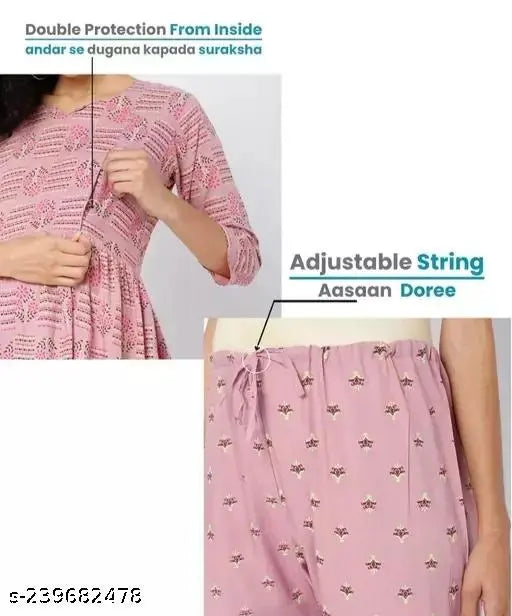 Rayon nightsuit set, printed net design, soft, breathable, comfortable pyjamas with invisible zip and double protection, India origin