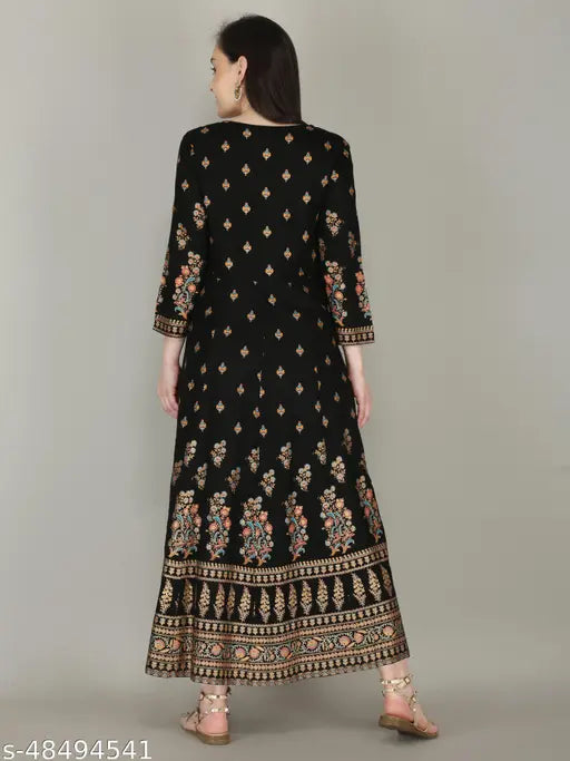 Gold printed black rayon Anarkali kurtis for women and girls, three-quarter sleeve, attractive printed combo