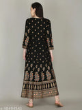 Gold printed black rayon Anarkali kurtis for women and girls, three-quarter sleeve, attractive printed combo